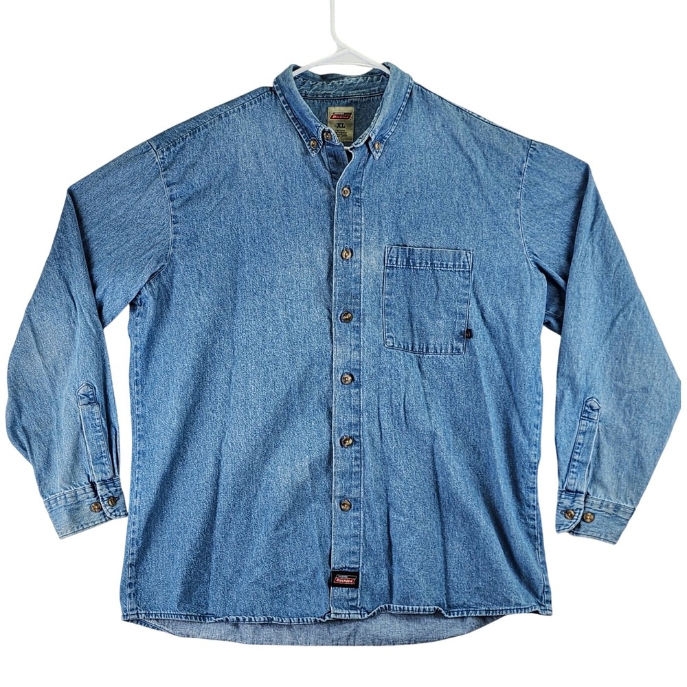 Genuine Dickies Denim Button Down Shirt Mens XL Blue‎ Workwear Casual